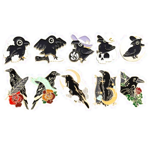 YJ PREMIUMS Crow Pins Black Raven Enamel Pins Set Lapel Brooch Button Jewlery Cute Crows Themed Stuff for Women Backpack Hat Bag Gothic Goth Spooky Witchy Horror Skull Flower Accessories Decoration