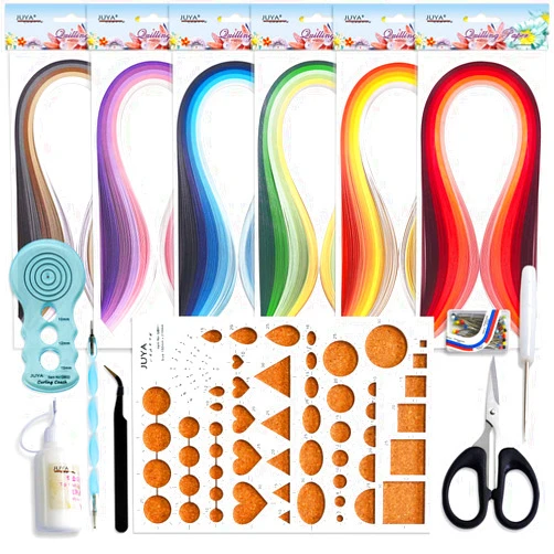 JUYA Paper Quilling Kits with 30 Colors 600 Strips and 8 Tools (Width:3mm with Glue, Blue Tools)