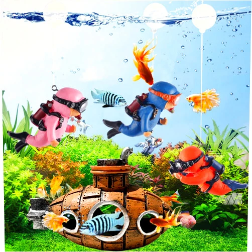 TARANDUS 4 Pcs Fun and Vibrant Fish Tank Decorations - Cute Floating Diver and Retro Submarine Set - Perfect Aquarium Accessories for Betta Fish and Floating Aquarium Decor (Style-02)