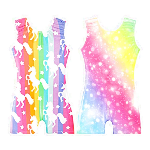 EQSJIU 2 Packs Gymnastics Leotards with Shorts for Girls Unicorn Rainbow Flower Sparkly Gradient Colors Biketards 1-10 Years