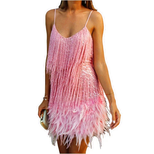 xxxiticat Women's Sequin Flapper Dress Sleeveless Feather Hem Fur Fringe Tassel Splice Glitter Sparkly Shiny Mini Dress