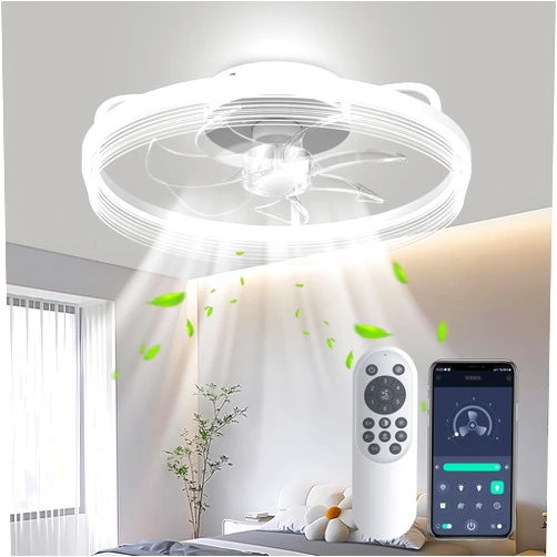 Mcestna White Ceiling Fan with Light - Low Profile Ceiling Fan with Remote App Control 20 Inch Bladeless Flush Mount Ceiling Fan with Light Dimmable LED Modern Ceiling Fan for Bedroom Living Room