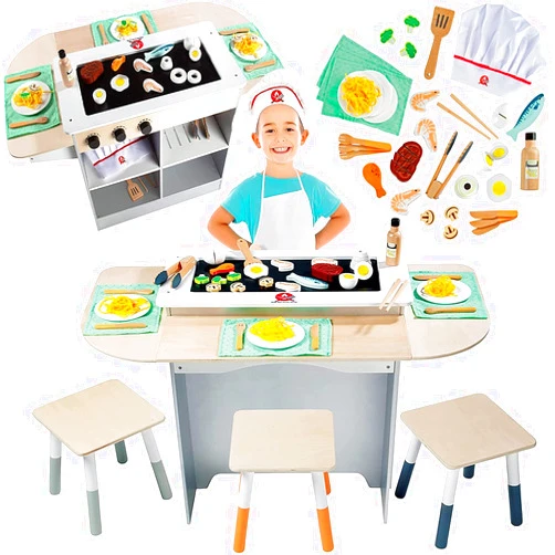 Svan Hibachi Grill Wooden Kids Playset w Stools, Table Settings & Over 25 Toy Food Pieces- Noodles Tongs Meats Veggies- Everything a Little Chef Needs for Pretend Play Indoor Japanese Restaurant, Xmas Gift
