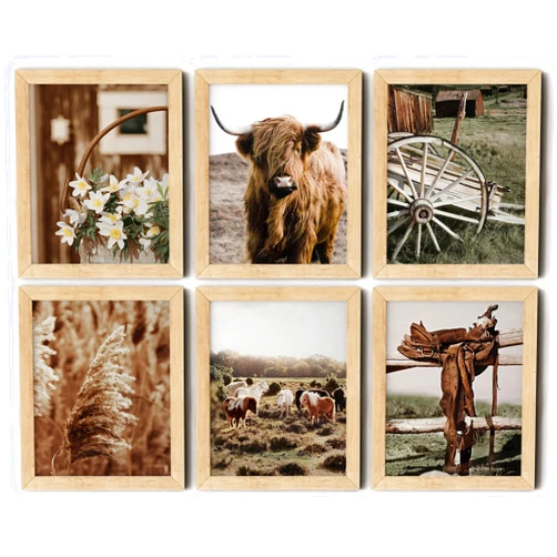 VICBOU Cow Wall Art Cow Horse Barn Pampas Grass Decor Farmhouse Wall Decor Rustic Nature Western Boho Neutral Country Art Print Painting for Home Bedroom Bathroom Living Room, 8x10 6Pcs, Unframed