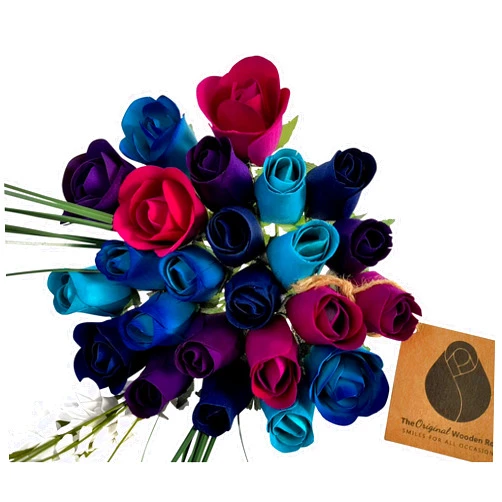 The Original Wooden Rose Deluxe Dark Waters Themed Bouquet. Featuring Closed and Half Open Bud Roses (3 Dozen)
