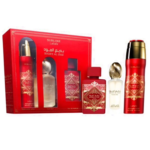 Lattafa Badee Al Oud Sublime for Unisex 3 Piece Set (3.4 Oz Eau de Parfum Spray + 1.7 Oz Hair Mist + 6.7 Oz Deodorant Spray)
