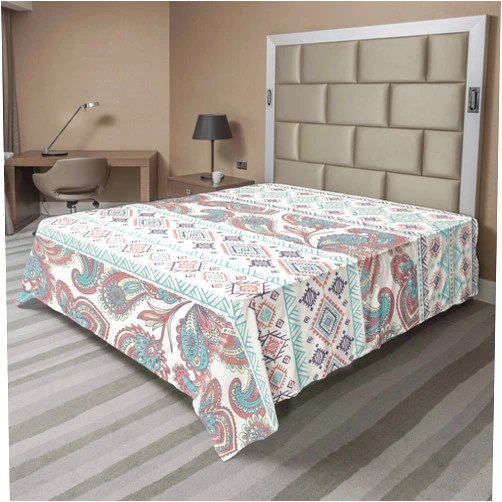 Ambesonne Tribal Flat Sheet, Paisley Patterns in Native in Mixed Pattern Floral Design, Soft Comfortable Top Sheet Decorative Bedding 1 Piece, King Size, Cream Aqua and Coral