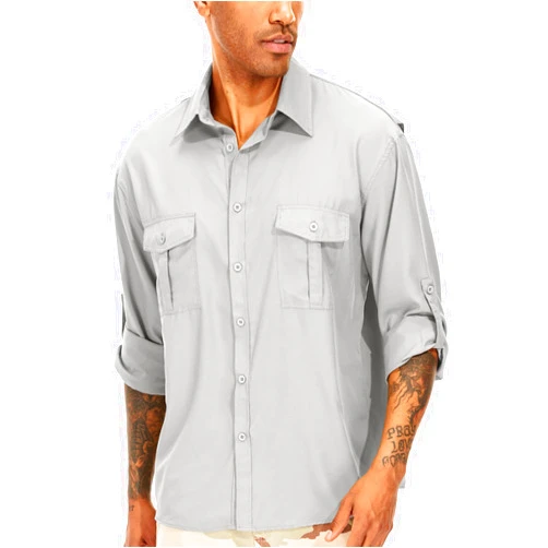 Anteef Men's Long Sleeve Safari Shirts UPF 50+ Lightweight Quick Dry Cooling, Hiking Fishing UV Sun Protection Shirts（5065 Light Gray XL）