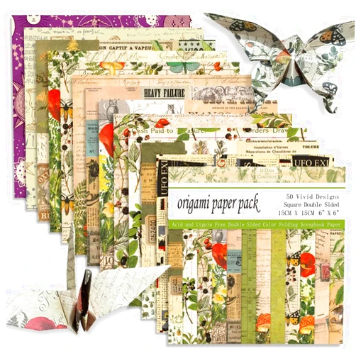 Mifuner Square Origami Paper 6x6 Double Sided 50 Sheets 50 Colors 70GSM Origami Kit Japanese Chiyo Easy Fold Arts Crafts DIY Handwork Beginner Retro Newspapers