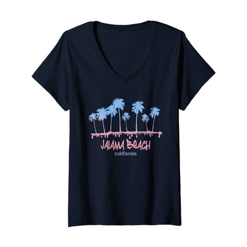 Vintage Surfing Beach Apparel & Gifts Womens Vintage Jalama Beach California Beach Retro Surf Vibes V-Neck T-Shirt