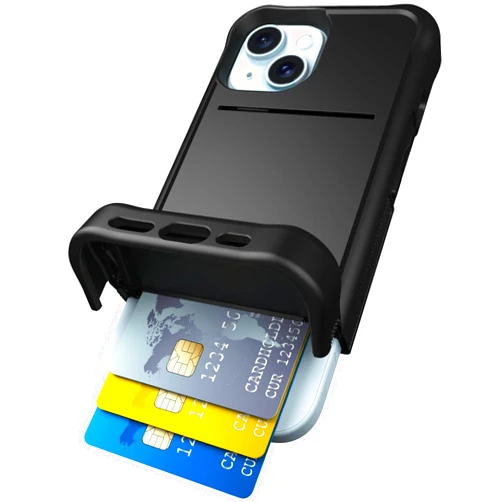 Scooch® for iPhone 15 Case with Card Holder, Wingmate Wallet Case with Hidden Card Slot and RFID Protection for 4 Cards, 10-Foot Drop Protection, Black