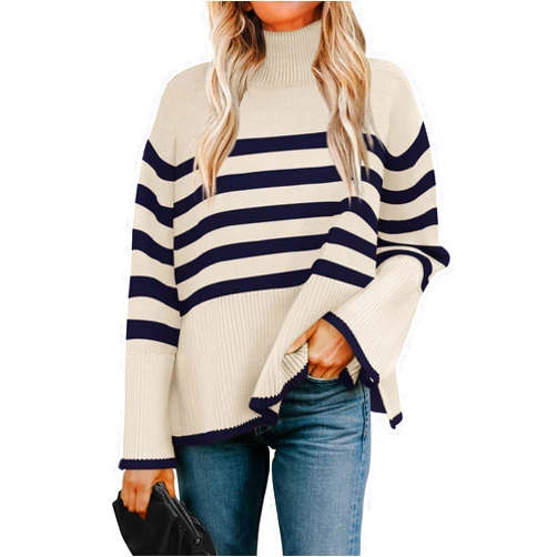 ZESICA Women's Winter Sweaters Casual Turtleneck Long Sleeve Striped Side Slit Loose Pullover Sweater Jumper Tops