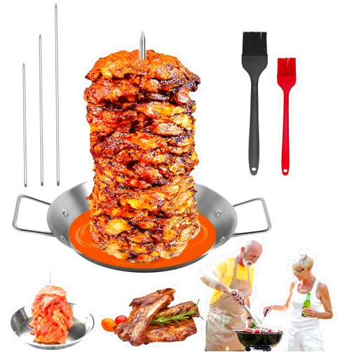 LONGLUAN Gyro Pan with Skewer,Chicken Shawarma Pan,Trompo Para Tacos Al Pastor,Shawarma Skewer Stand,Stainless Steel Vertical Skewer Pan for Tacos Al Pastor,Shawarma,Kebabs on Smoker,Oven,BBQ (Set-A, 13in)