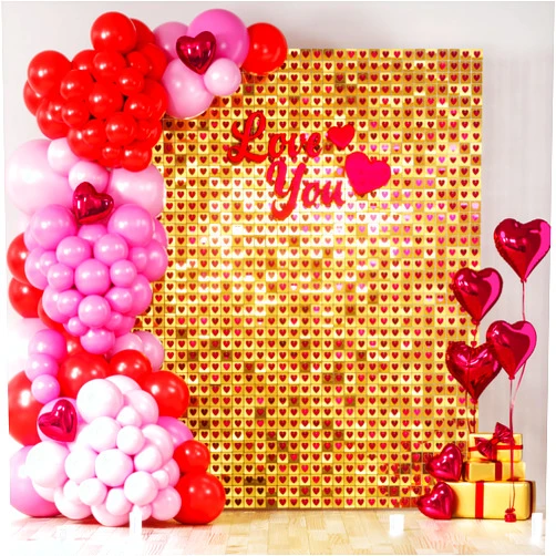 COKAOBE Red and Light Gold Shimmer Wall Backdrop, 24 Pcs Heart Shaped Sequin Backdrop Panels, Photo Backdrops for Valentine's Day, Mother's Day, Wedding, Engagement, Birthday Party Decoration