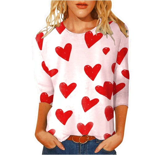 GOFULY Valentines Day Blouse Spring Trending Plus Size 3/4 Sleeve Tops for Women Round Neck Work Shirts for Women Tunic Hearts Print Winter Blouses Pink 2XL