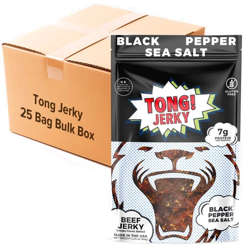 Tong Jerky Bulk Beef Jerky 25 Bags - Artisan Black Pepper Sea Salt Biltong Beef Jerky - 25x 2.25oz Bags - Made in USA