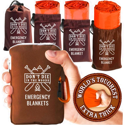 Don't Die In The Woods - World’s Toughest Emergency Blankets [4-Pack] Extra Thick Thermal Mylar Space Blanket - One of The Ten Essentials Outdoor Survival Gear Hiking Camping First Aid Kit (Orange)