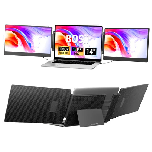 BOSII Laptop Triple Screen Extender -14 Inch IPS FHD 1080P HDMI/USB-A/Type-C Portable Extended Monitor for 13-17