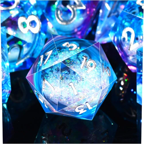 AUSTOR Liquid Core Resin DND Dice Sharp Edge Polyhedral Dice 7-Die DND Dice Set Quicksand Handmade Resin Dice for Dungeons and Dragons RPG MTG Table Games, Blue & Violet