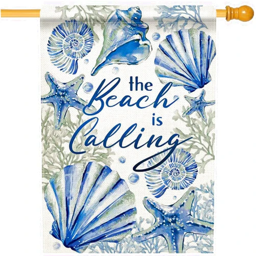 Dyrenson Spring Summer The Beach is Calling 28 x 40 House Flag Double Sided, Coastal Conch Starfish Coral Pearl Garden Yard Decorations, Nautical Seasonal Burlap Outdoor Decor Decorative Large Flag