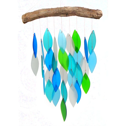 Gift Essentials Blue Handworks Ocean Waterfall Glass and Driftwood Chime, Sandblasted Glass and Found Wood Handcrafted Wind Chime