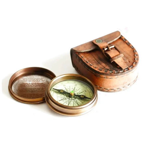 Wind & Weather Antiqued Brass Poem Compass with Leather Case