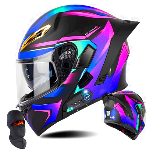 LZEFIA Bluetooth Motorcycle Helmets, Modular Full Face Flip Up Dual Visors Helmets with Tail,DOT Approved Helmet for Men Women Adults