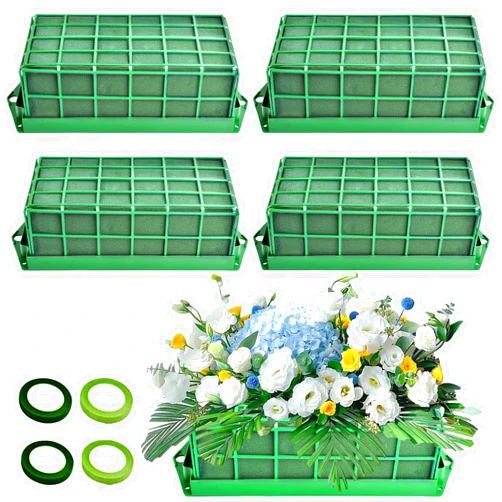 Supkiir 4 Pieces Floral Foam Cage, Green Foam Block for Artificial Flowers, Dry Oasis Floral Foam Flower Arrangement Holder Supplies for Wedding Holiday Garden Decoration with 4Pcs Floral Trap