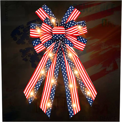 ABTOLS Large LED Patriotic Wreath Bows for Front Door, Veterans Day Red Blue White Stripes Bows for Wreath American Flag Bows for Indoor Outdoor Memorial Day Party Door Wall Fence Decor