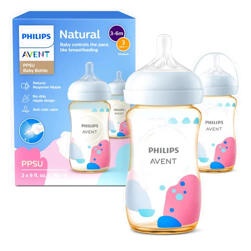 Philips Avent PPSU Natural Baby Bottles with Medium Flow Nipples (Flow 3), 9oz, with Decoration, 2-Pack, SCY943/02