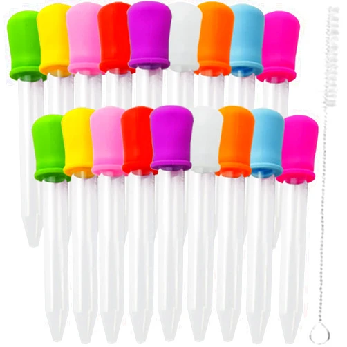 TIHOOD 20PCS Liquid Droppers with a Clean Brush, Silicone and Plastic Pipettes Transfer Eyedropper with Bulb Tip for Candy Oil Kitchen Gummy Bear Making