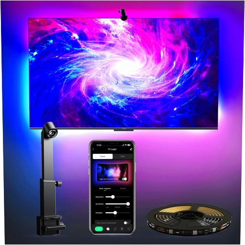 CCILAND TV LED Backlight with Camera for 55-65 inch Screens, 13Ft LED Strip Lights Sync to Screen & Music, RGB Built in Chip Strip Lights Color Changing, Smart App Control, USB Power