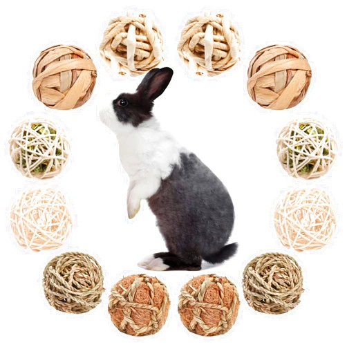 PStarDMoon 12 PCS Small Animals Activity Toys, Bunny Play Balls Rolling Chew Toys & Gnawing Treats for Rabbits Guinea Pigs Chinchilla Bunny Degus - Pet Cage Entertainment Accessories