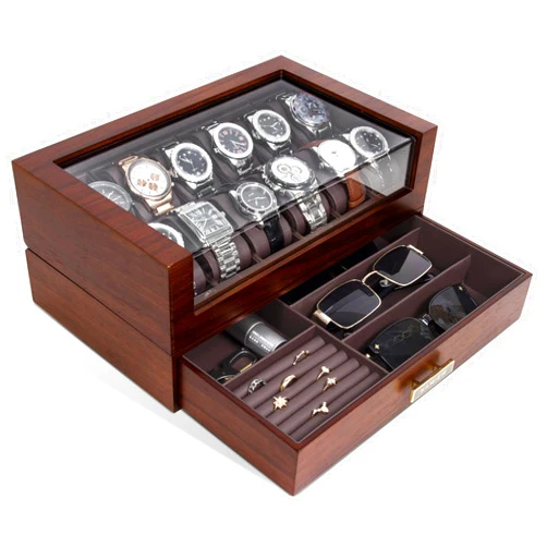 KAMIER 12 Slots Watch Box Case Organizer Display for Men,Two-Tier Wooden Watch Box Organizer For Men with watch holder and Drawer,Walnut