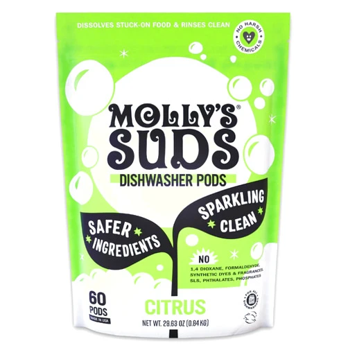 Molly's Suds Dishwasher Pods | Natural Dishwasher Detergent, Cuts Grease & Rinses Clean (Residue-Free) for Sparkling Dishes | 60 Auto-Release Tabs (Citrus)
