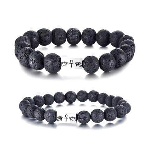 VNOX Egyptian Eye of Horus Eye of Ra Ankh Cross Lave Rock Stone Essential Oil Diffuser Beaded Stretch Bracelet