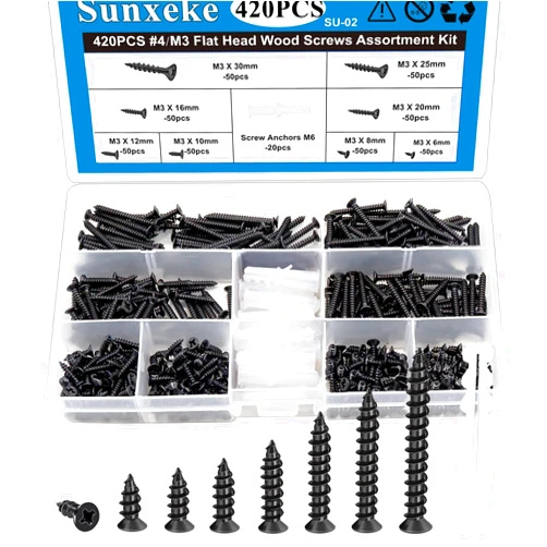 Sunxeke 420PCS Black M3 Flat Head Short Wood Screws Assortment Fasteners Kit,Carbon Steel Phillips Head Self-Tapping Screws Drywall Nail with M6 Screw Anchors (20pcs)