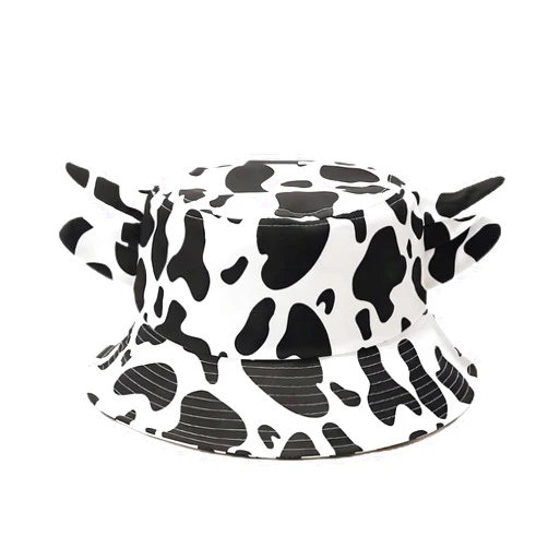 QANQIUPLE Cow Print Bucket Hat with Cute Horn Ears Cow Print Beach Sun Hat Fisherman's Cow Bucket Hat White