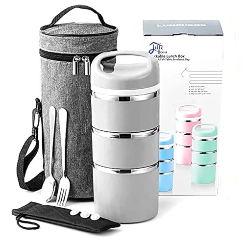 Lille Home Stackable Stainless Steel Thermal Compartment Lunch/Snack Box, 3-Tier Insulated Bento/Food Container with Lunch Bag, Cutlery Set and Three Extra Seals, 43OZ (Gray)
