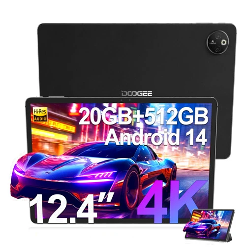 DOOGEE T30 Max Tablet 12.4 Inch 4K, Android 14 Tablet, 20GB RAM + 512GB ROM (2TB TF), Helio G99 Tablets with 10800mAh Battery and 33W Fast Charging, 50MP+20MP TUV Certified, Side Fingerprint, Black
