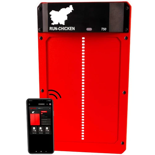 Run-Chicken Door T50 – Automatic Chicken Coop Door Opener, Battery Powered & Weatherproof Aluminum, Smart App & Timer Control, Predator Proof, Easy Install, Reliable All-Season Performance (Red)