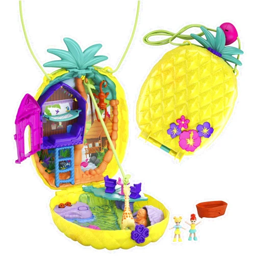 Polly Pocket Dolls & Accessories, 2-in-1 Travel Toy, Pineapple Purse Playset with Micro Polly & Lila Dolls