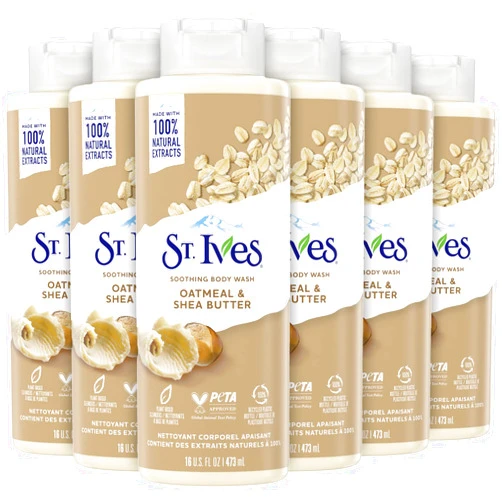 St. Ives Body Wash - Soothing Moisturizing Cleanser with Oatmeal & Shea Butter, Made with Plant-Based Cleansers and 100% Natural Extracts, 16 Oz Ea (Pack of 6)