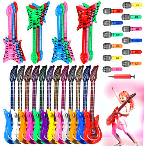 Chitidr 37 Pcs Inflatable Rock Star Instrument Set, 12 Blow up Guitar 36 Inch 12 Inflatable Microphone 12 Inflatable Bass with a Pump for 80s Themed Party Carnival Birthday Party Decorations