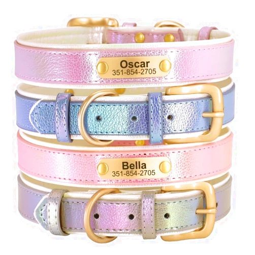 KINYABLUE Custom Leather Dog Collar, Personalized Dog Collars with Engravable Nameplate, Soft Padded Adjustable Purple Dog Collar for Large Dogs Female, L(14-18