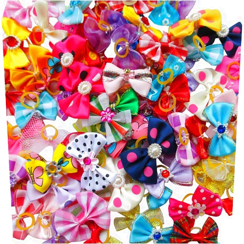Chenkou Craft Random of 20pcs Puppy Yorkie Dog Hair Bow With Rubber Band Rhinestone Pet Grooming Products Mix Colors Varies Patterns Pet Hair Bows Dog Accessories