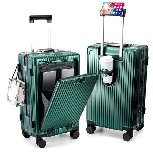 MRPLUM Front Pocket Carry On Luggage,PC Hardside Spinner Wheel Suitcase with TSA Lock, Cup Holder,Phone Holder&USB Charging Port,20 inch,Dark Green
