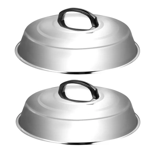 Kichwit 2 Pack Stainless Steel Basting Cover, 12.2 Inch Grill Dome Lid with Heat Resistant Handle for Outdoor Cooking, Dishwasher Safe, 2 Pack (Solid)