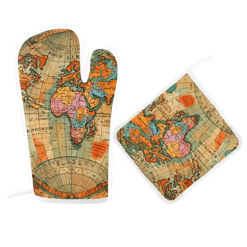 NTVOWPZO Oven Mitts and Pot Holders Old Stained World Map Kitchen Oven Glove Pot Holders Sets Heat Resistant Oven Gloves and Hot Pads Cute Oven Mitts for Cooking Grilling