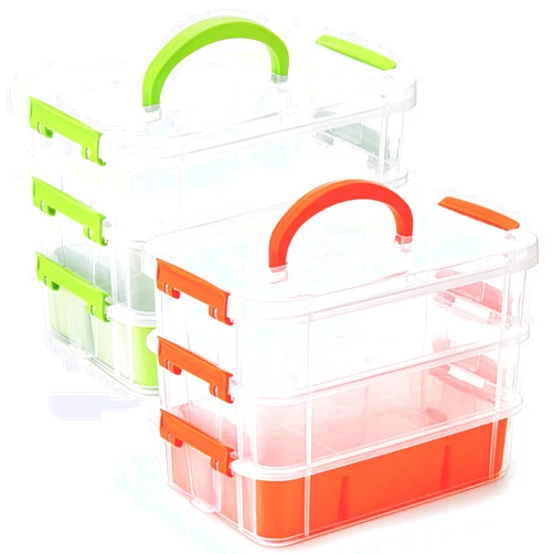 Yesland 3 Layer Stack & Carry Box Set of 2, Small Plastic Dividing Storage Box with Removable Tray Arts and Crafts Organizer Storage Container Portable Sewing Box for Sewing, Green and Orange